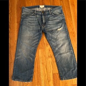 Current Elliot Slouched Crop Super Loved Destroy With Paint Splatter.  Size 30